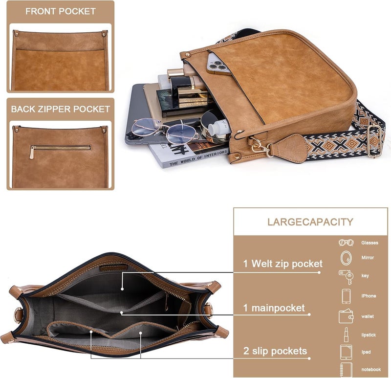 HKCLUF Crossbody Bags for Women Trendy Vegan Leather Hobo Handbags With 2PCS Adjustable Guitar Strap Shoulder Bucket Bags - Image 3